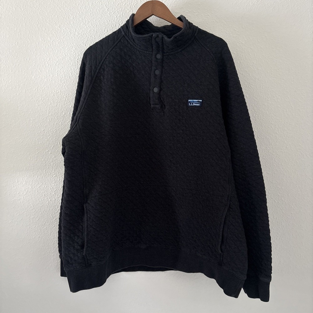 LL Bean Quilted Pullover Mens XXL Tall Gray Button Mock Neck Henley Sweatshirt